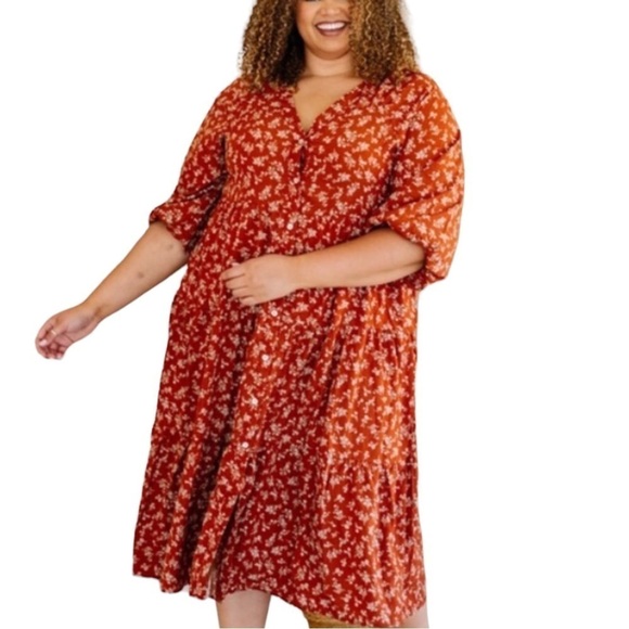 Kervology Plus Size Dipsy Floral Rust and cream Prairie Boho Midi Dress Nwot - Picture 12 of 13